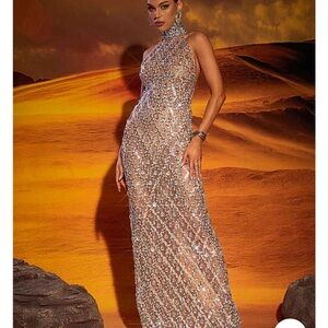 Mew Mew Liora Sequin Crystal Maxi Dress In Dark Nude